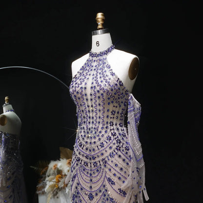 Luxury Nude Base Blue Crystal Beaded Halter Neck Evening Dress SS125