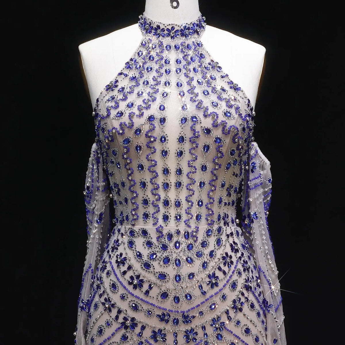 Luxury Nude Base Blue Crystal Beaded Halter Neck Evening Dress SS125