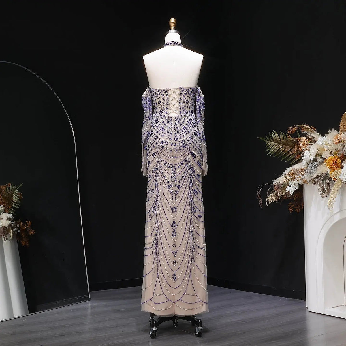 Luxury Nude Base Blue Crystal Beaded Halter Neck Evening Dress SS125