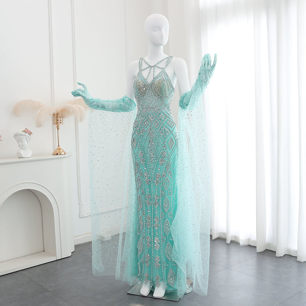 Luxury Beaded Lilac Long Straight Evening Dress with Gloves SS437