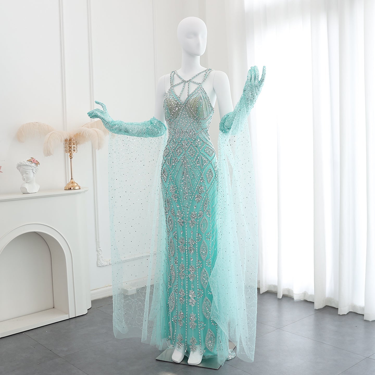 Luxury Beaded Lilac Long Straight Evening Dress with Gloves SS437