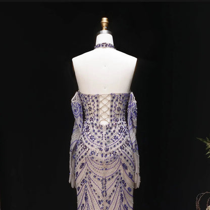 Luxury Nude Base Blue Crystal Beaded Halter Neck Evening Dress SS125