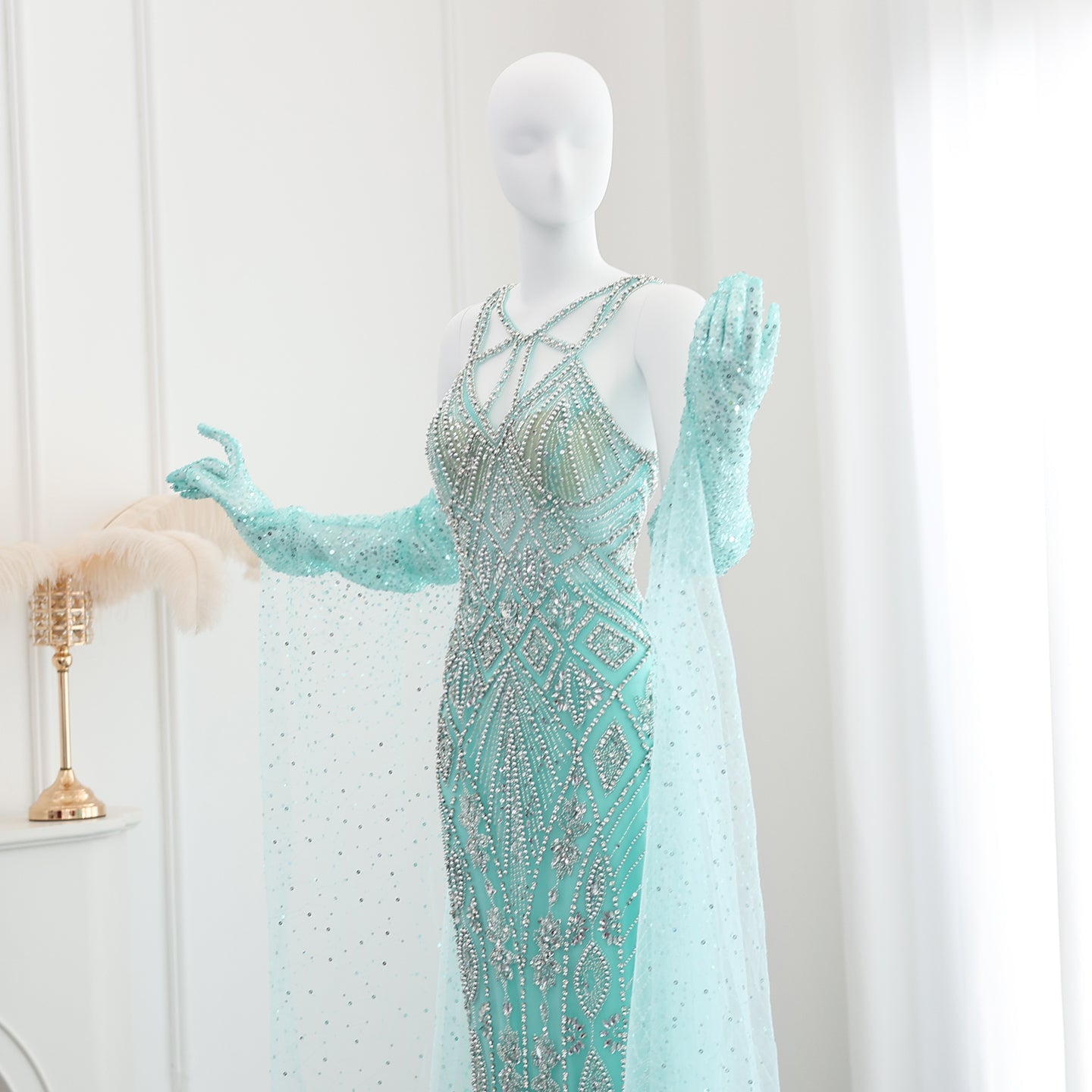Luxury Beaded Lilac Long Straight Evening Dress with Gloves SS437