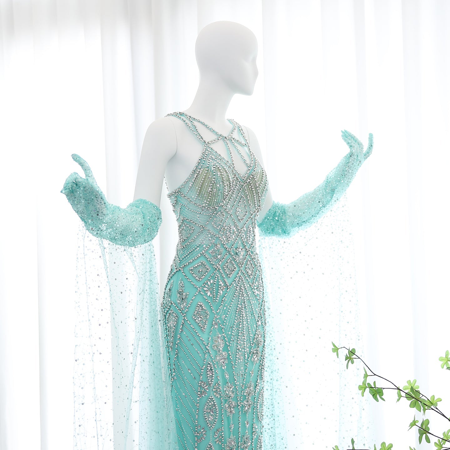 Luxury Beaded Lilac Long Straight Evening Dress with Gloves SS437