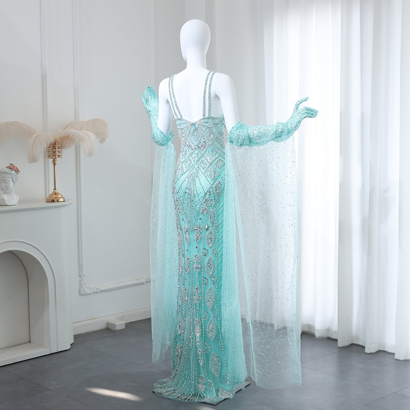 Luxury Beaded Lilac Long Straight Evening Dress with Gloves SS437