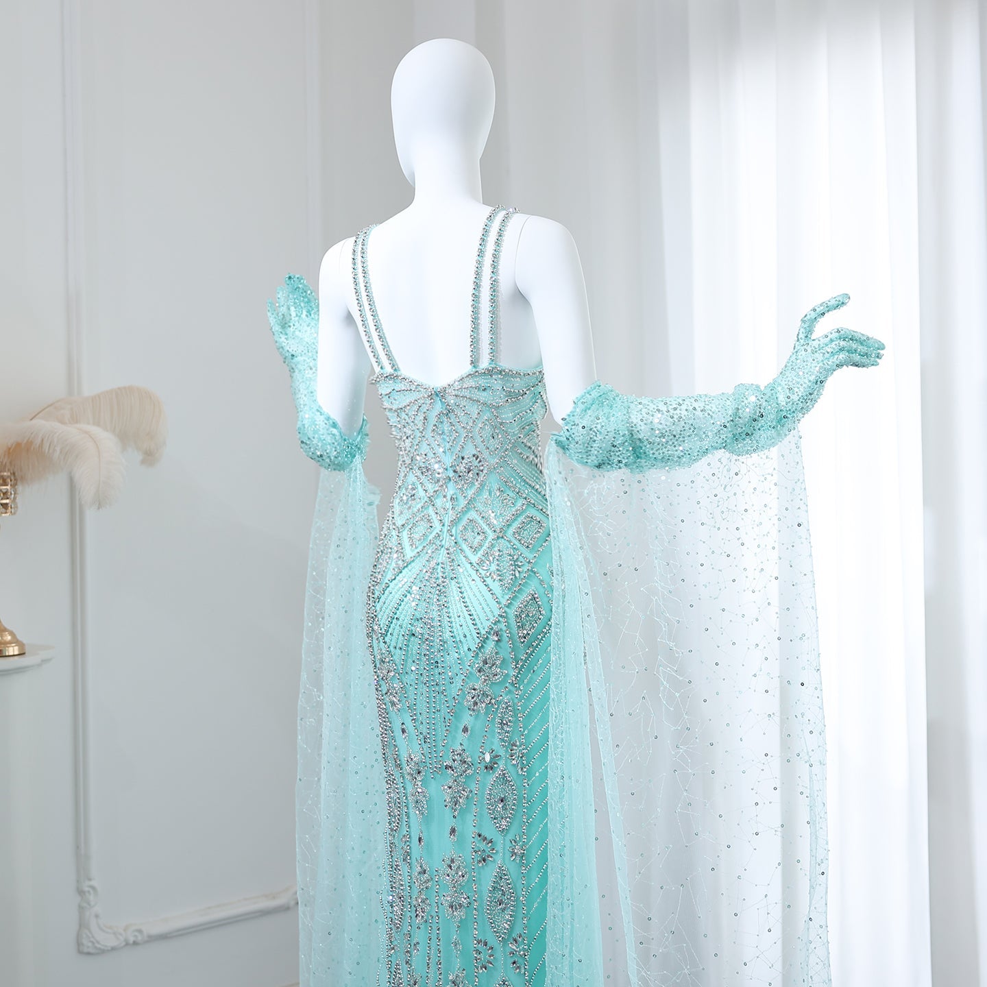Luxury Beaded Lilac Long Straight Evening Dress with Gloves SS437