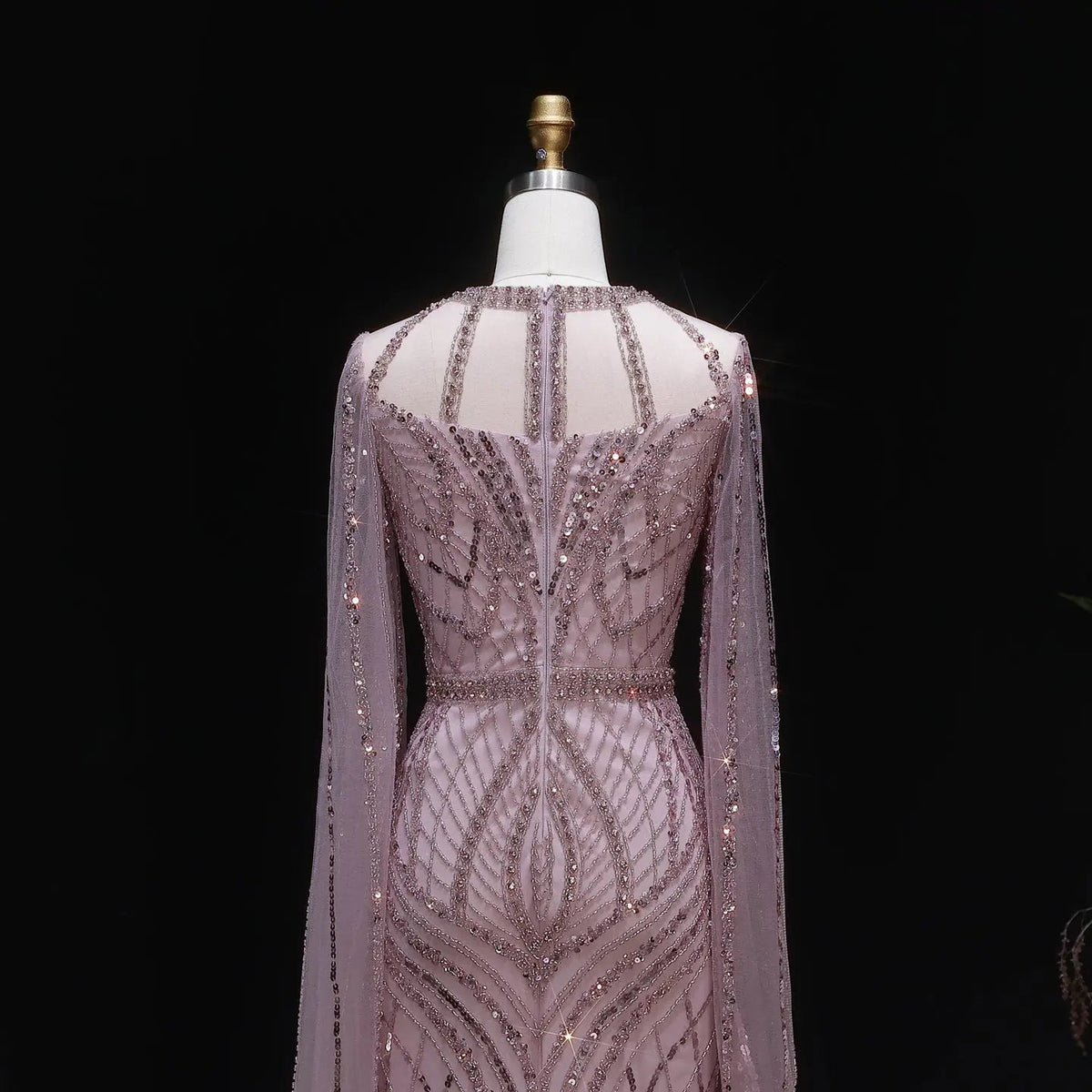 Romantic Pink Beaded Evening Dress with Sheer Cape Sleeves SS126