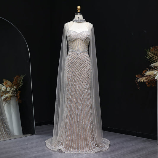 Glamorous Crystal Champagne Mermaid Evening Gown with Sheer Cape SS070