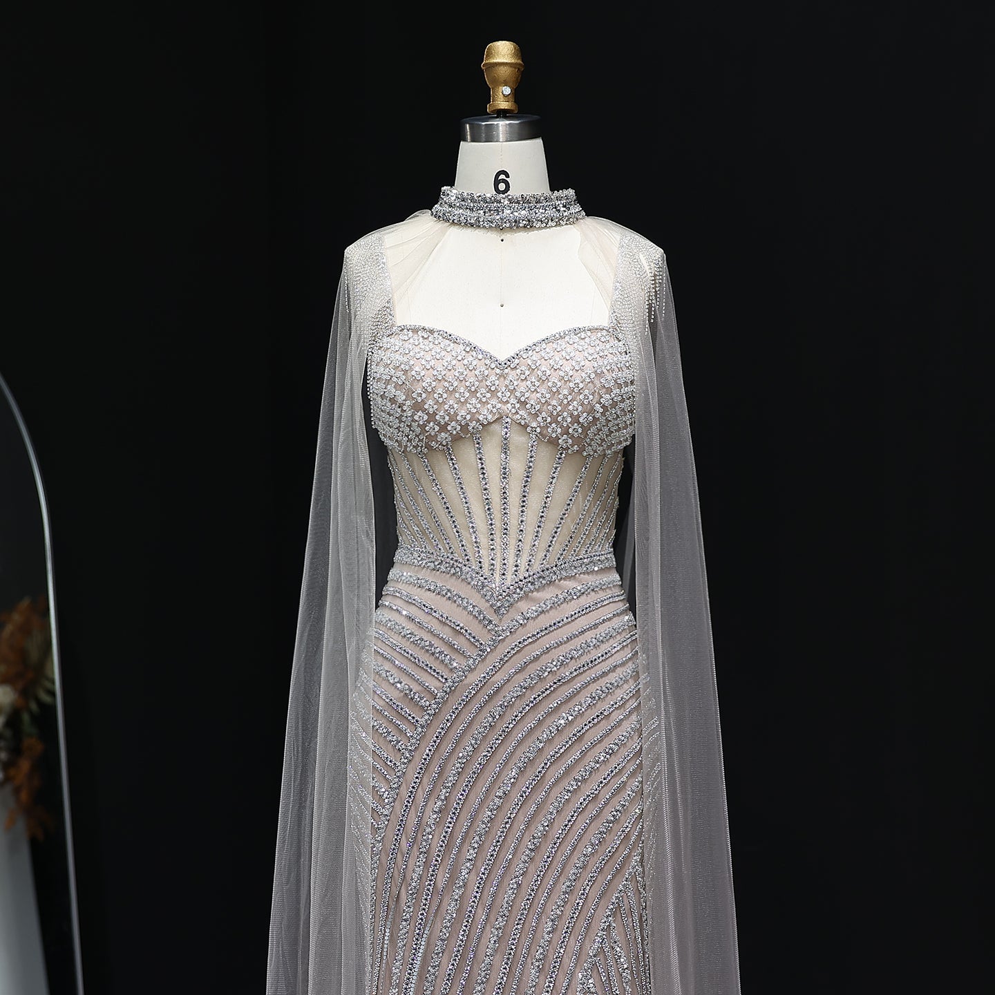 Glamorous Crystal Champagne Mermaid Evening Gown with Sheer Cape SS070
