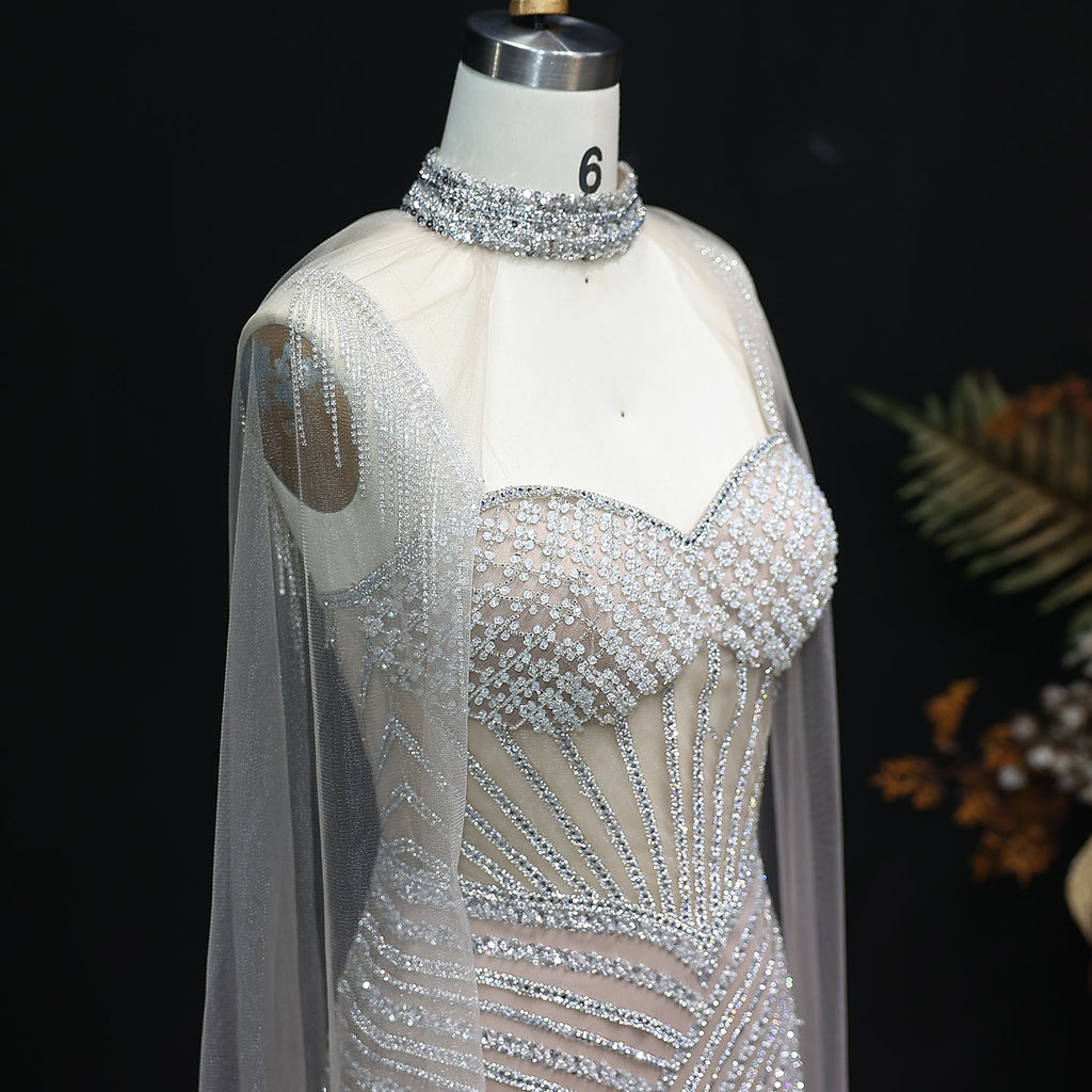 Glamorous Crystal Champagne Mermaid Evening Gown with Sheer Cape SS070
