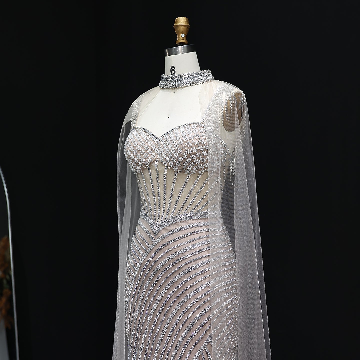 Glamorous Crystal Champagne Mermaid Evening Gown with Sheer Cape SS070