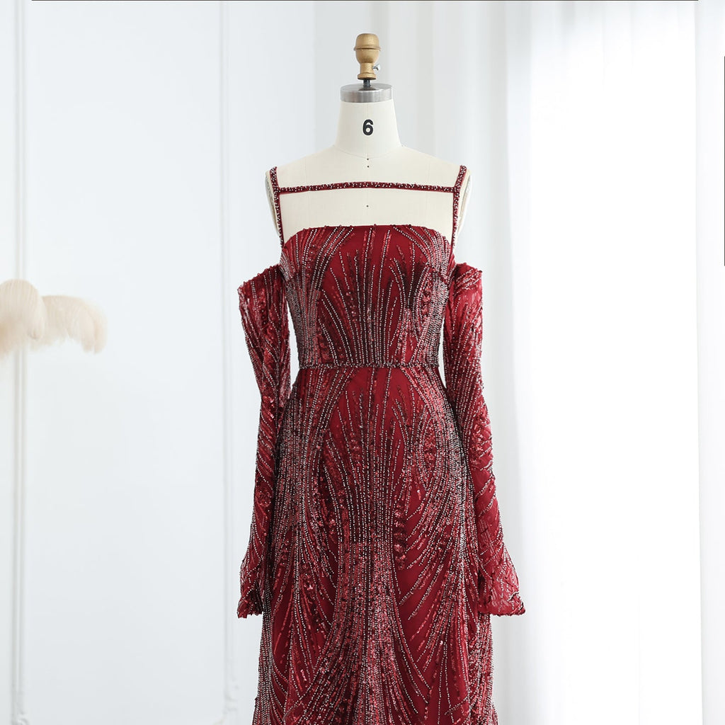 Elegant Beaded Navy Blue Evening Dress with Long Sleeves SS396