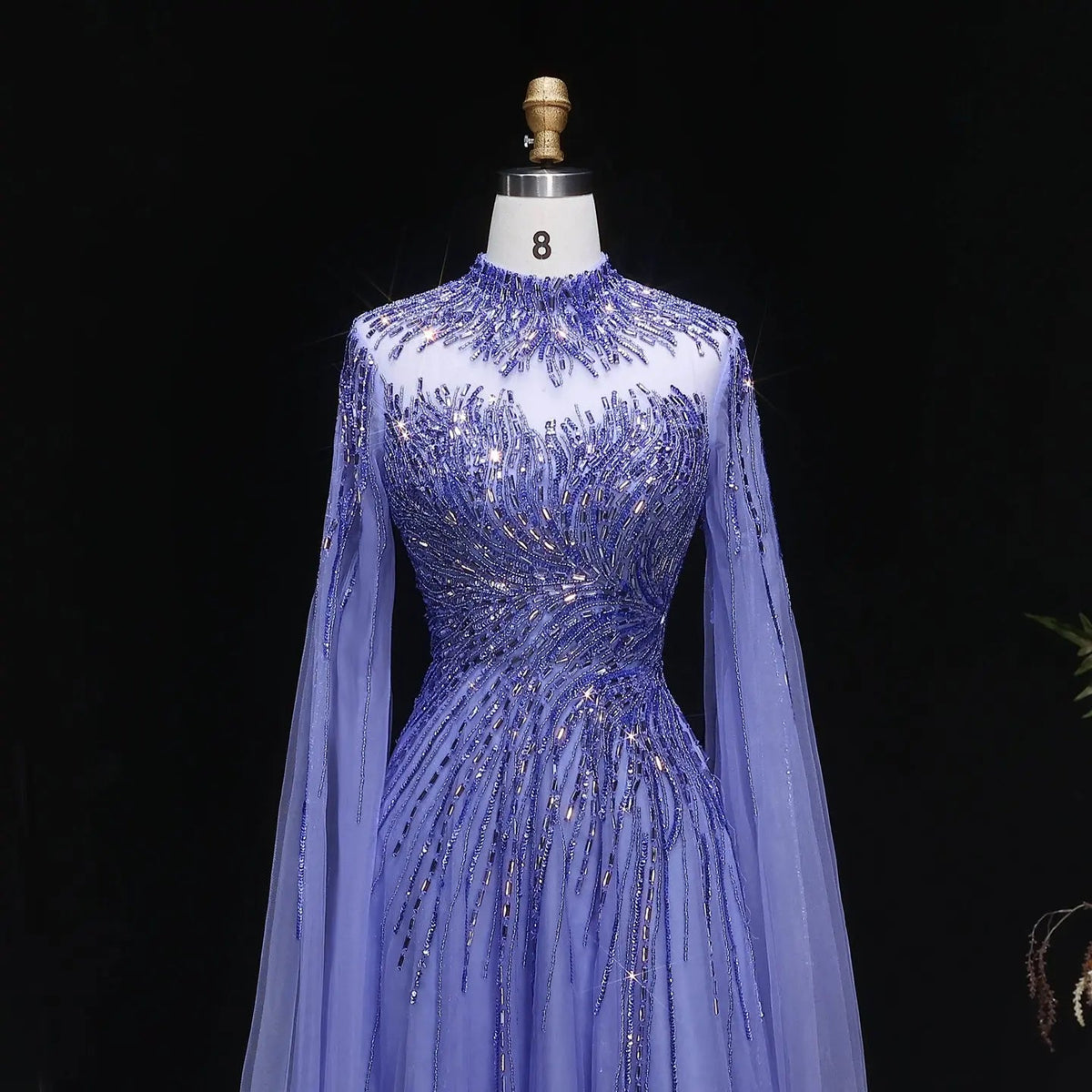 Luxury Blue High Neck Beaded Evening Dress with Cape Sleeve SS134