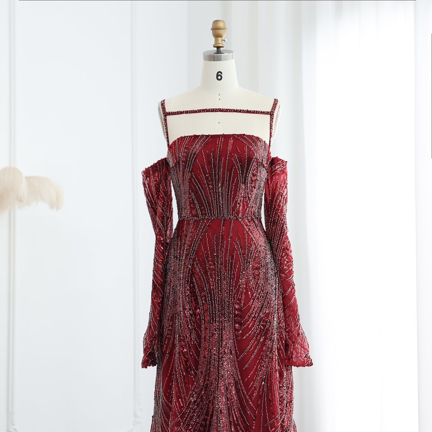 Elegant Beaded Navy Blue Evening Dress with Long Sleeves SS396