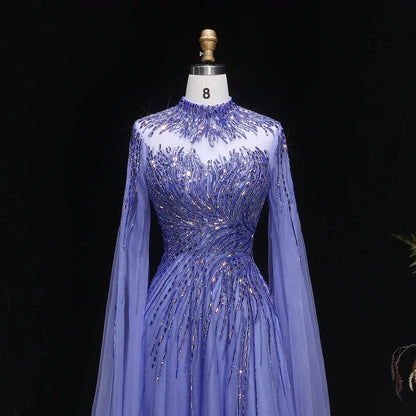 Luxury Blue High Neck Beaded Evening Dress with Cape Sleeve SS134