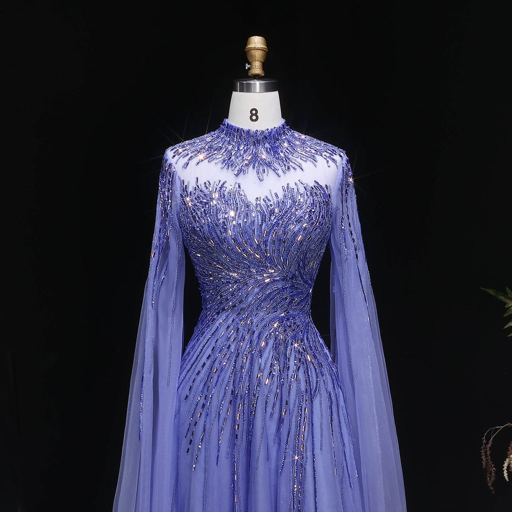 Elegant Blue High Neck Beaded Evening Dress with Cape Sleeve SS134
