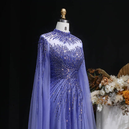 Luxury Blue High Neck Beaded Evening Dress with Cape Sleeve SS134
