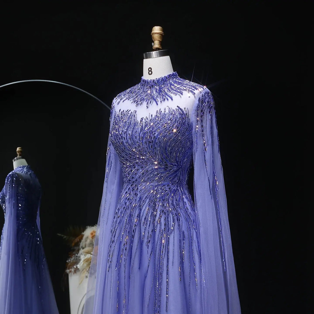 Luxury Blue High Neck Beaded Evening Dress with Cape Sleeve SS134