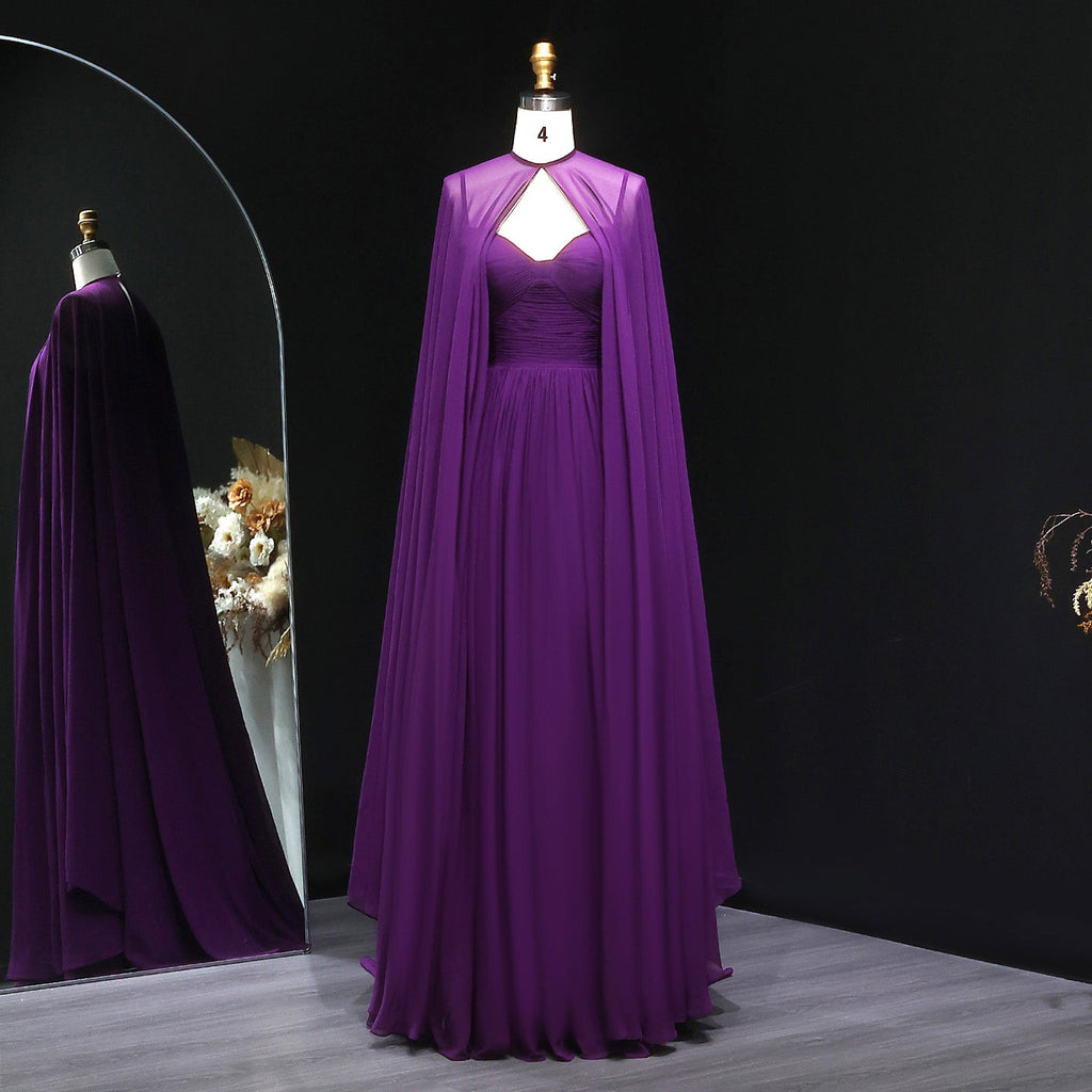 Elegant Purple Chiffon Sweetheart Long Evening Dress with Cape SF002