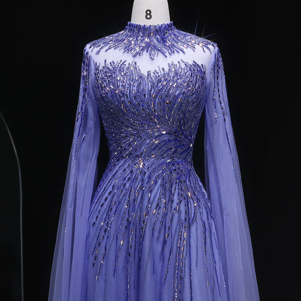 Elegant Blue High Neck Beaded Evening Dress with Cape Sleeve SS134