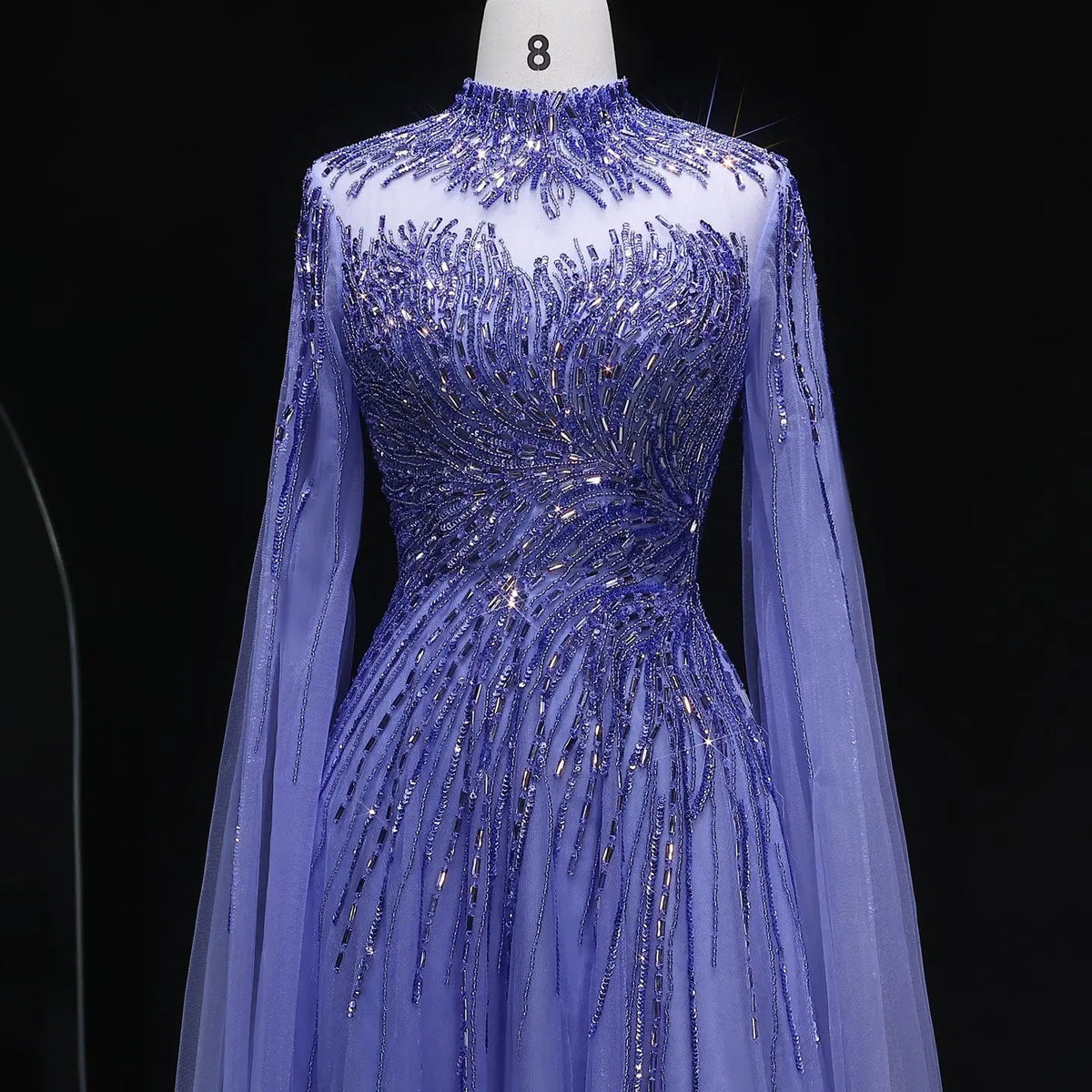 Luxury Blue High Neck Beaded Evening Dress with Cape Sleeve SS134