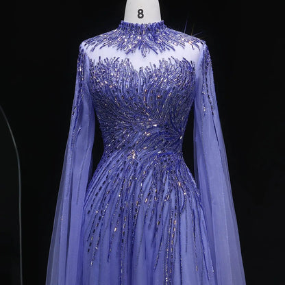 Luxury Blue High Neck Beaded Evening Dress with Cape Sleeve SS134