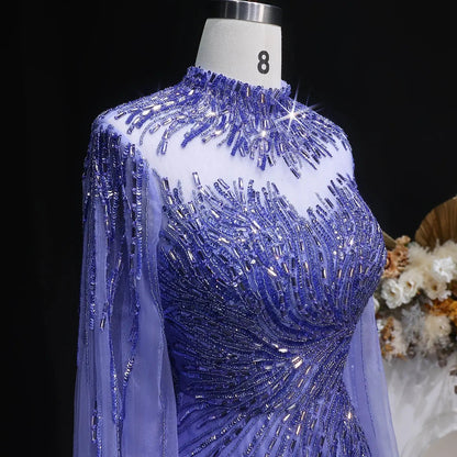 Luxury Blue High Neck Beaded Evening Dress with Cape Sleeve SS134