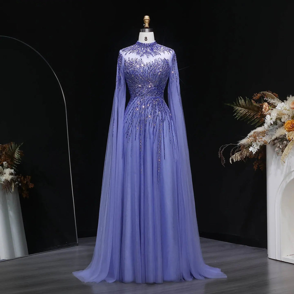 Luxury Blue High Neck Beaded Evening Dress with Cape Sleeve SS134