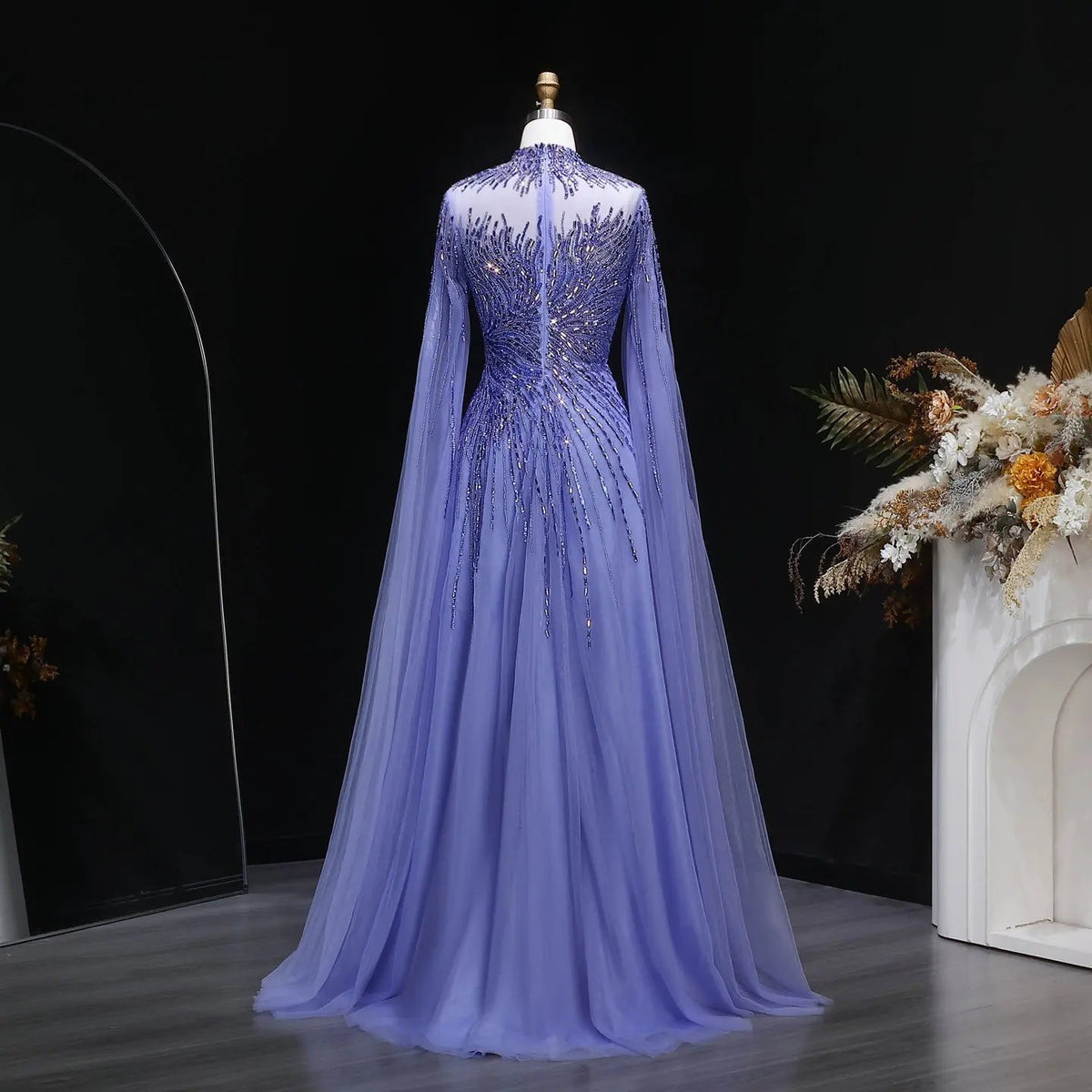 Luxury Blue High Neck Beaded Evening Dress with Cape Sleeve SS134