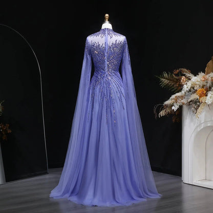 Luxury Blue High Neck Beaded Evening Dress with Cape Sleeve SS134