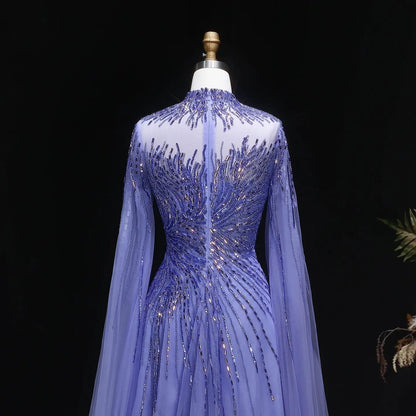 Luxury Blue High Neck Beaded Evening Dress with Cape Sleeve SS134
