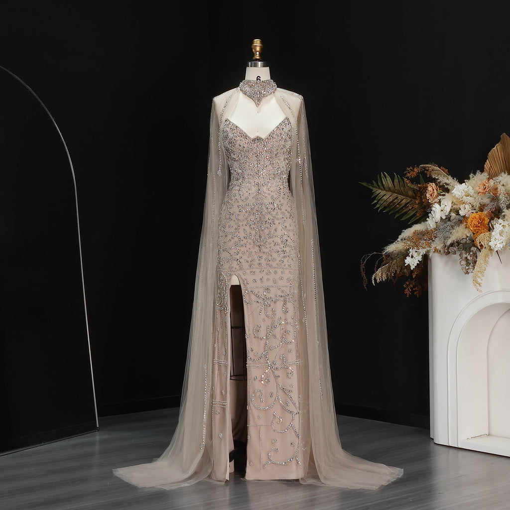 Luxury Champagne High Neck Beaded Mermaid Evening Dress with Cape and Slit SS135