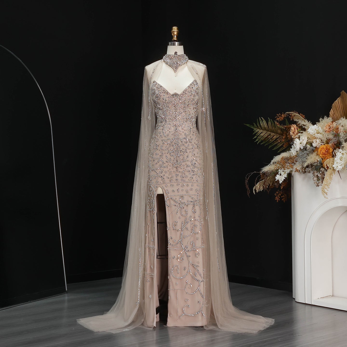 Luxury Champagne High Neck Beaded Mermaid Evening Dress with Cape and Slit SS135