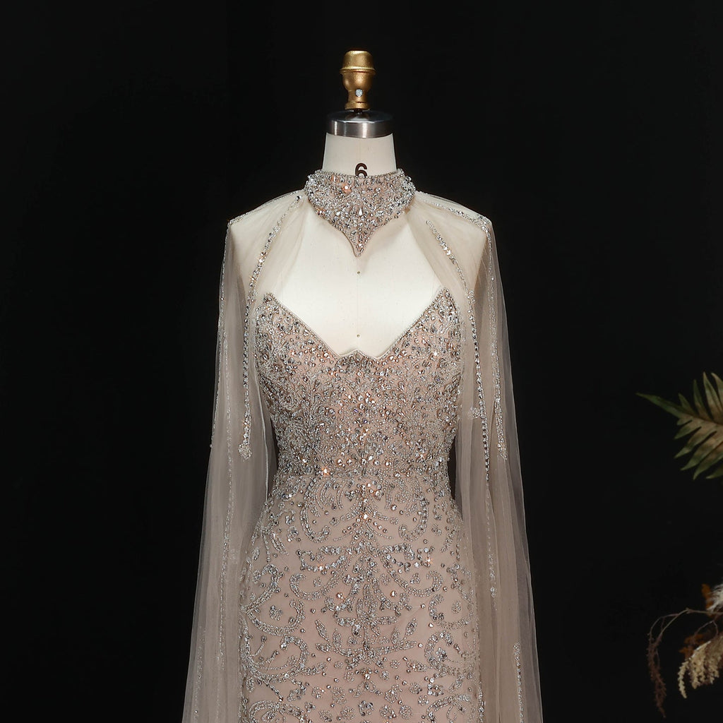 Luxury Champagne High Neck Beaded Mermaid Evening Dress with Cape and Slit SS135