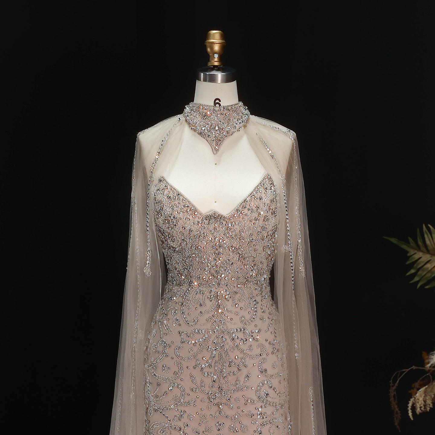 Luxury Champagne High Neck Beaded Mermaid Evening Dress with Cape and Slit SS135