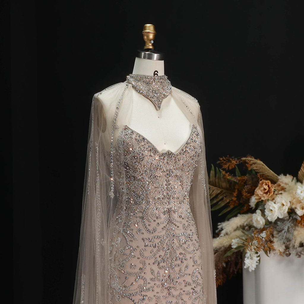 Luxury Champagne High Neck Beaded Mermaid Evening Dress with Cape and Slit SS135