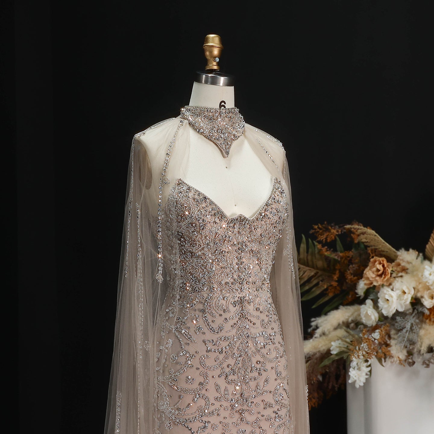 Luxury Champagne High Neck Beaded Mermaid Evening Dress with Cape and Slit SS135