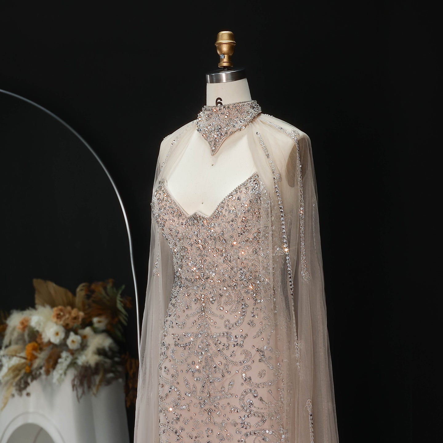 Luxury Champagne High Neck Beaded Mermaid Evening Dress with Cape and Slit SS135