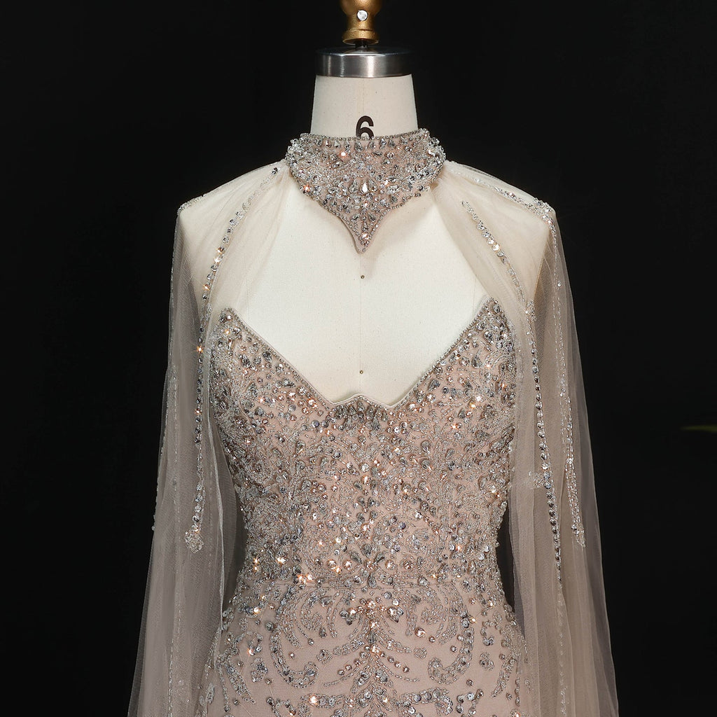 Luxury Champagne High Neck Beaded Mermaid Evening Dress with Cape and Slit SS135