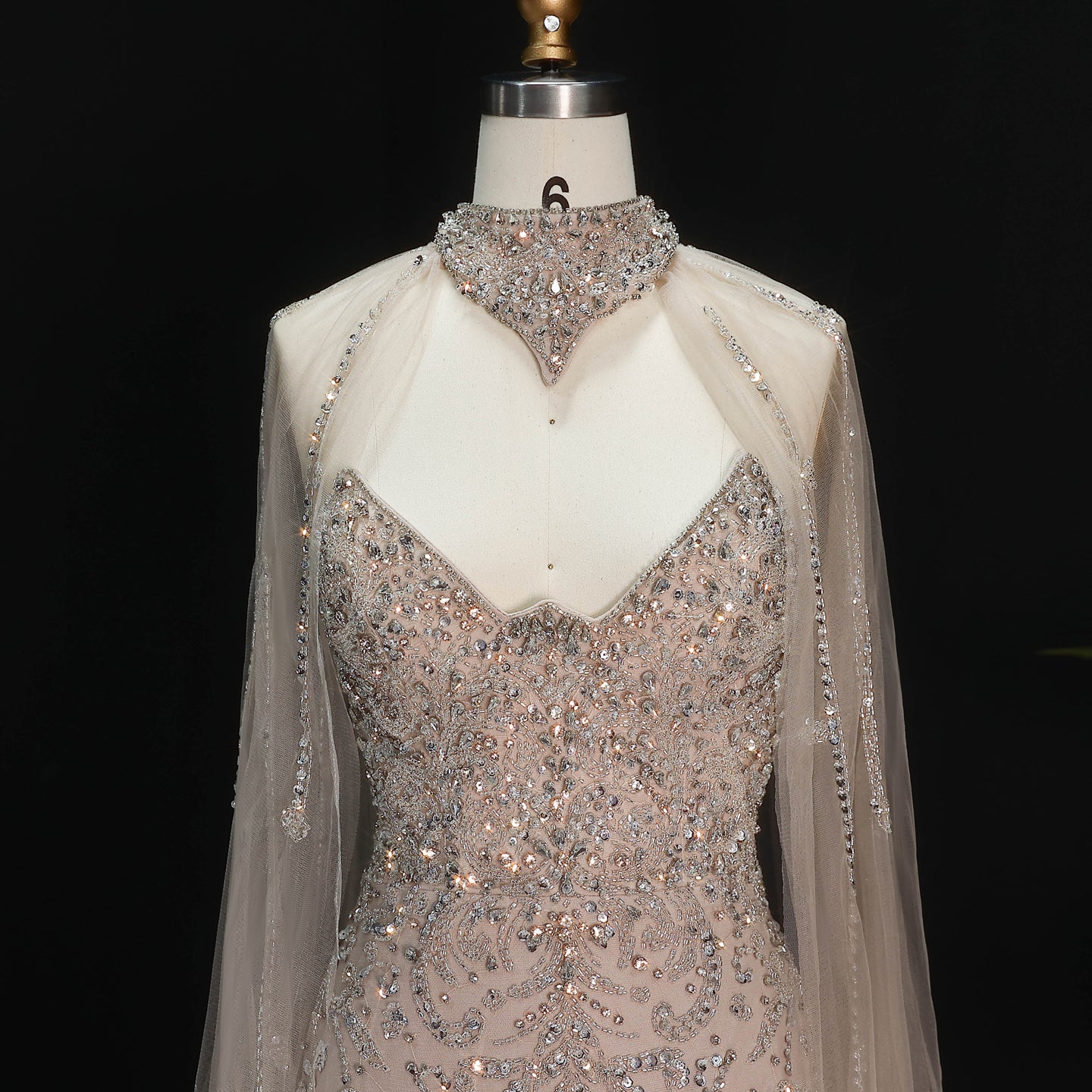 Luxury Champagne High Neck Beaded Mermaid Evening Dress with Cape and Slit SS135