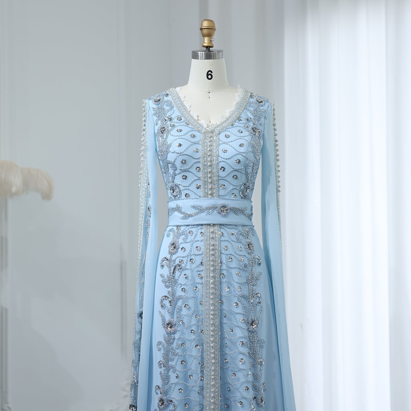 Luxury Beaded Blue Long Sleeve Evening Dresses SS404