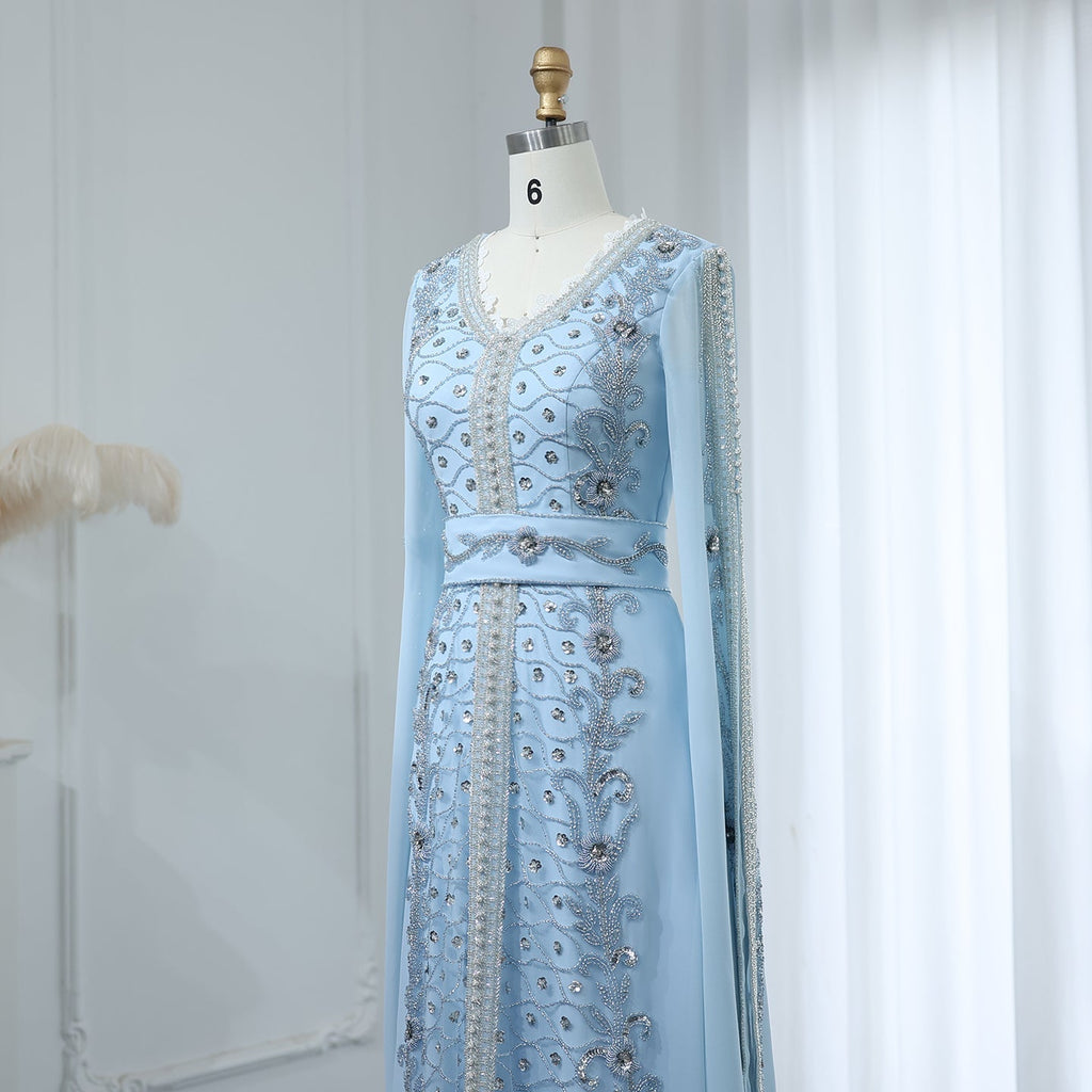 Luxury Beaded Blue Long Sleeve Evening Dresses SS404