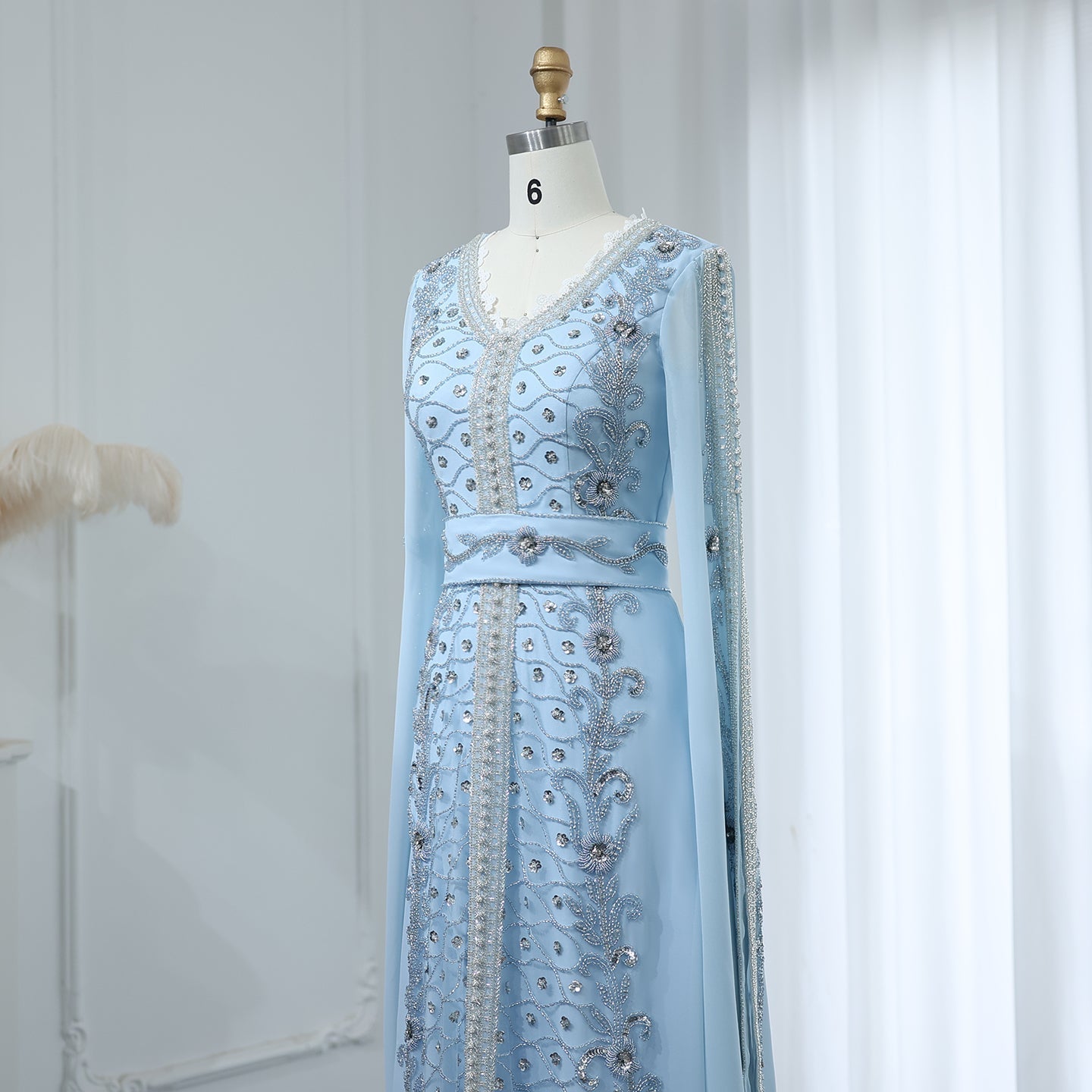 Luxury Beaded Blue Long Sleeve Evening Dresses SS404
