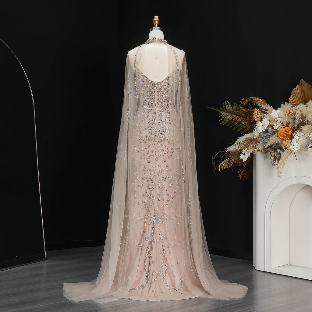 Luxury Champagne High Neck Beaded Mermaid Evening Dress with Cape and Slit SS135