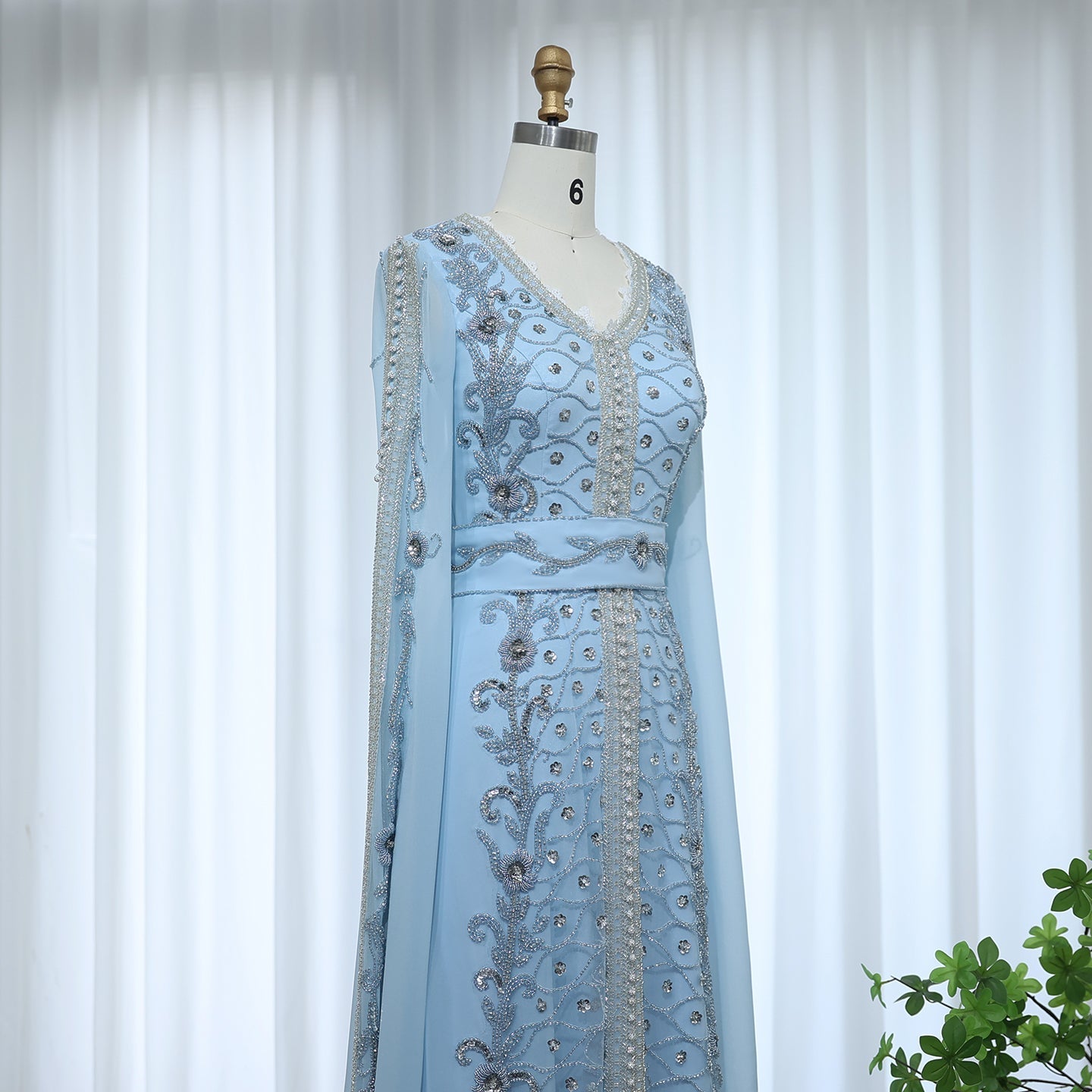 Luxury Beaded Blue Long Sleeve Evening Dresses SS404