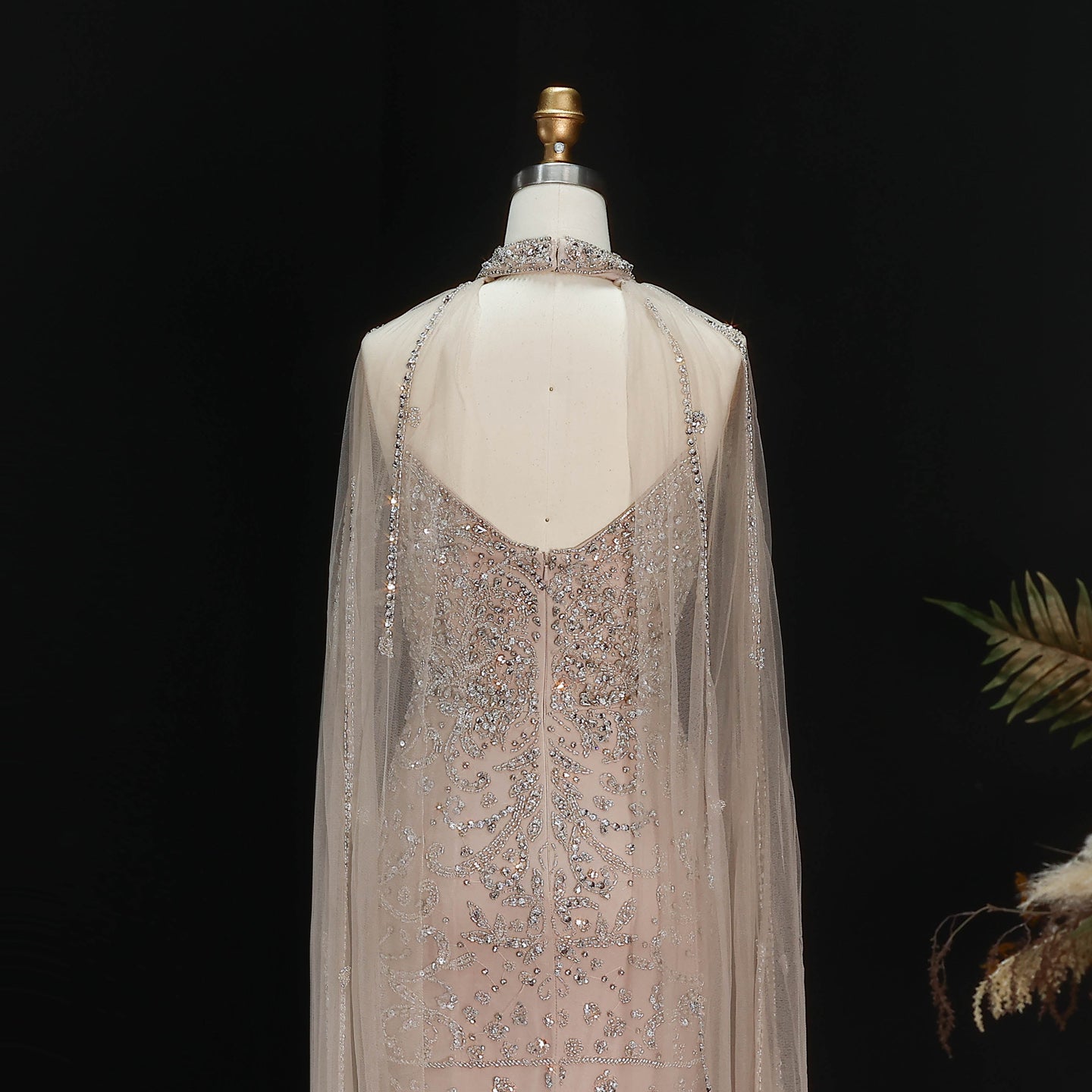 Luxury Champagne High Neck Beaded Mermaid Evening Dress with Cape and Slit SS135
