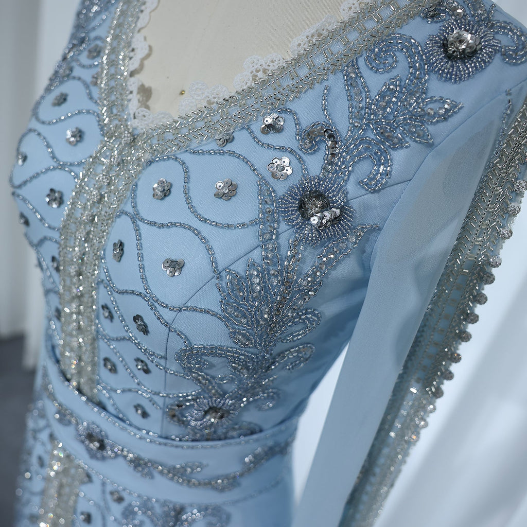 Luxury Beaded Blue Long Sleeve Evening Dresses SS404