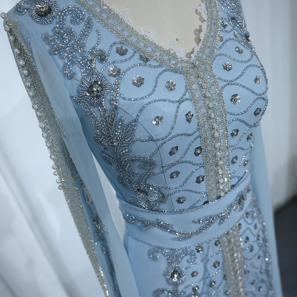 Luxury Beaded Blue Long Sleeve Evening Dresses SS404