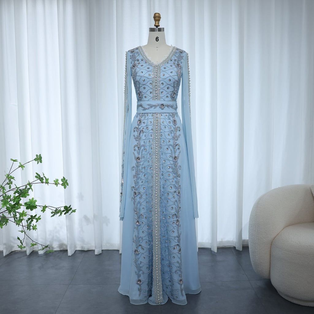Luxury Beaded Blue Long Sleeve Evening Dresses SS404