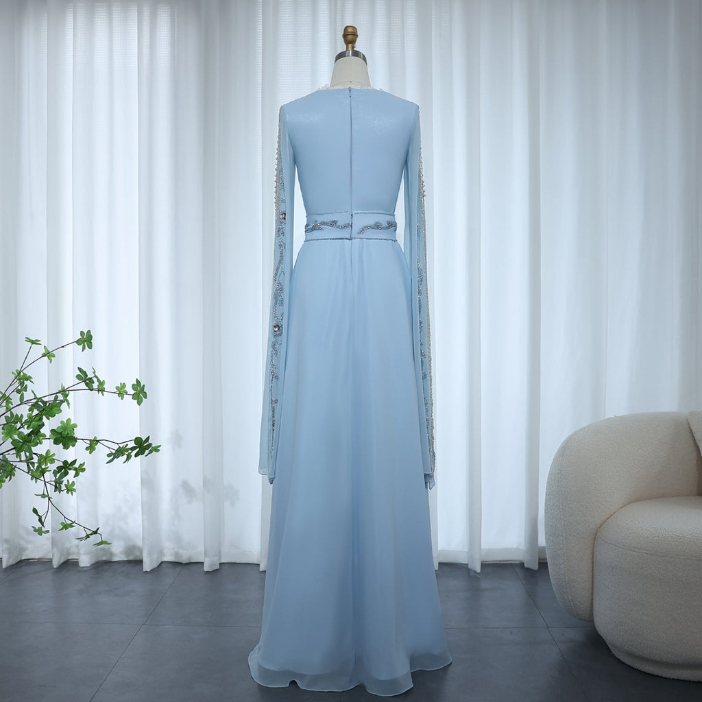 Luxury Beaded Blue Long Sleeve Evening Dresses SS404
